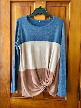 Colorblock Knot Front Long-Sleeve Top - Blue, Cream & Brown